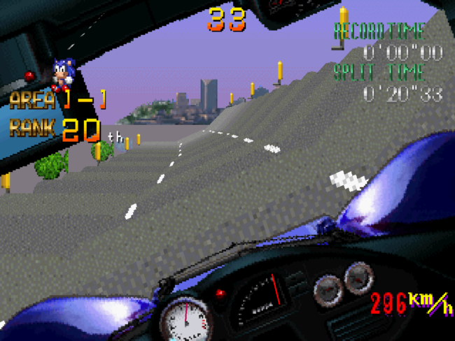 Driving on an angled road in one of the early areas in Gale Racer.