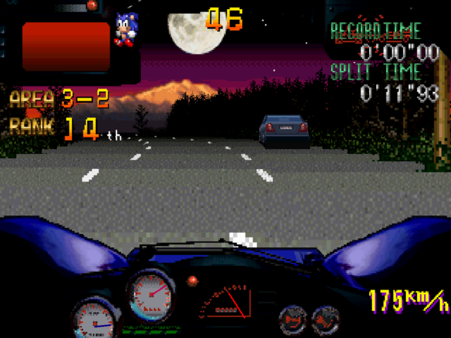 A purple sunset falls in the distance of the race track.