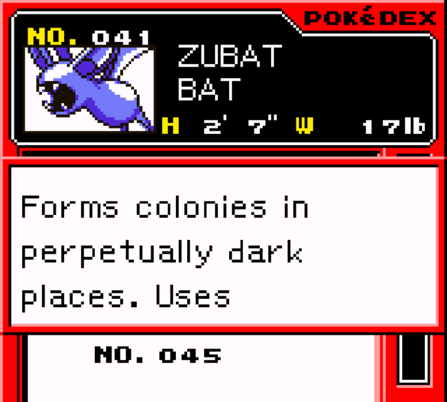 The Pokedex displaying information on Zubat.