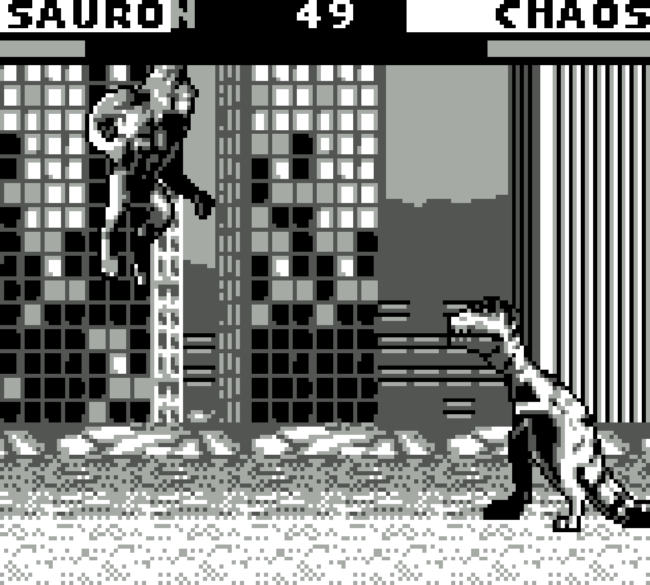 Sauron and Chaos fight amidst the ruins of a city.