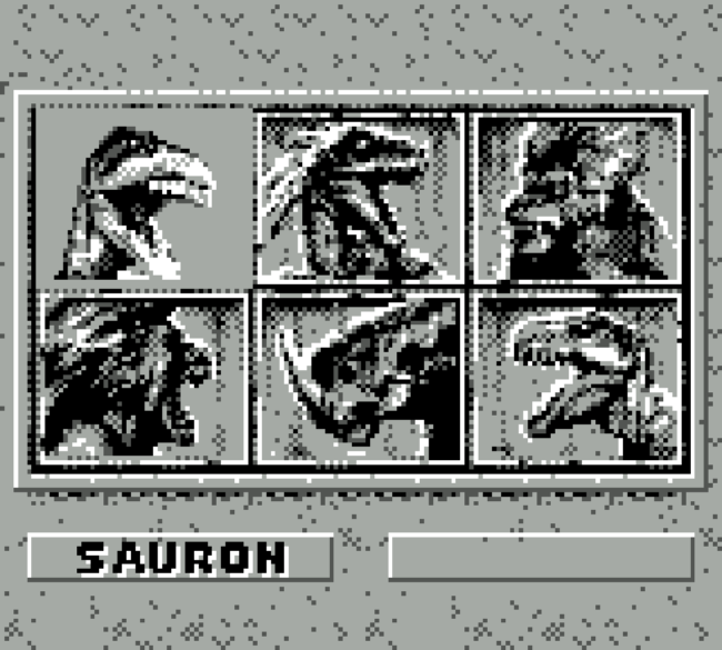 The character select screen in Primal Rage for the Game Boy.