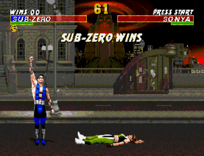 The victory screen depicting Sub-Zero defeating Sonya Blade.
