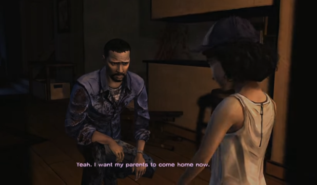 A dialogue sequence between Lee and Clementine.