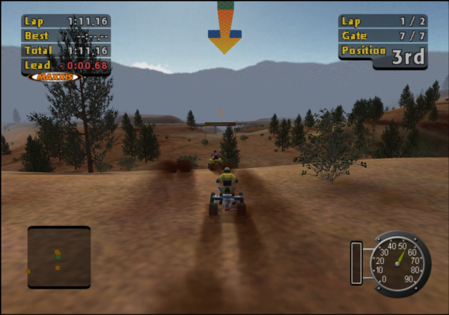 A single player races along a dirt track in the desert.