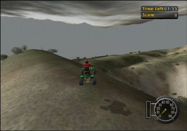 The driver hits a jump in a desert area.