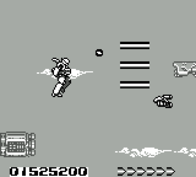 The main character, Zeoth, flies through the air shooting enemies.