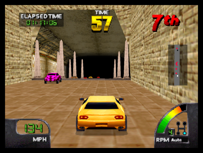 Racing through an Egyptian ruin in Cruis'n World.