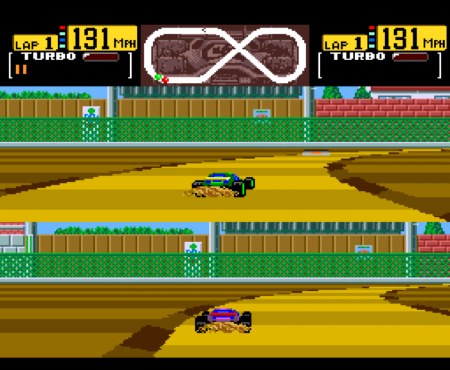 Two racers compete against on another on a circle 8 style track.