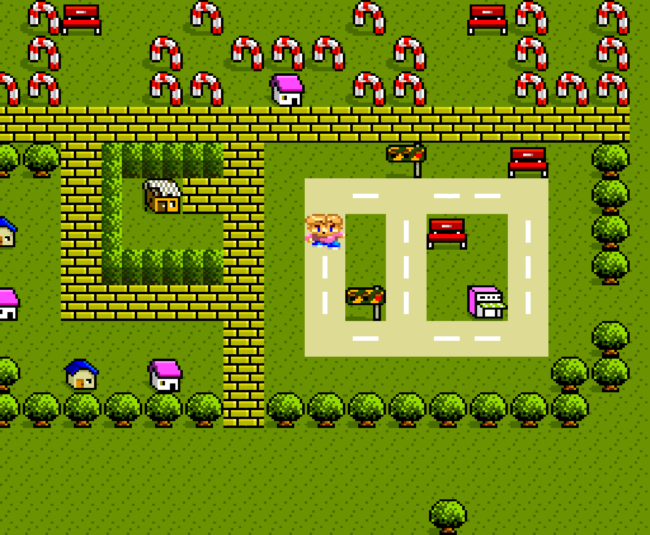 The main character explores the first town area in Final Lap Twin.
