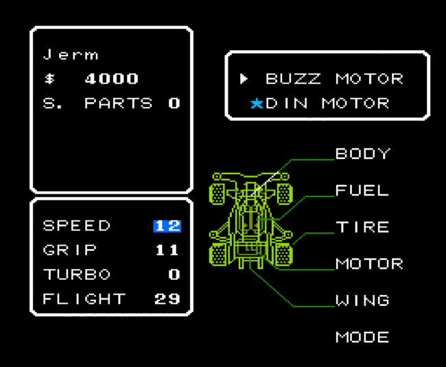 The equipment upgrade screen showing the car's current stats and equipment.