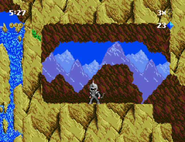 Kid Chameleon wearing one of the suit power-ups in an early stage.