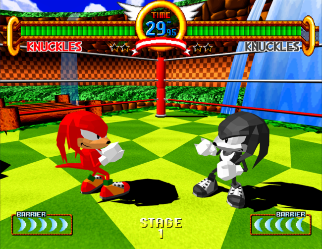 Knuckles battles against a palette swapped version of himself in the Green Hills zone.