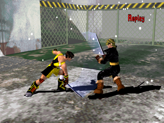 Two sword fighters clash with one dodging a sword strike.