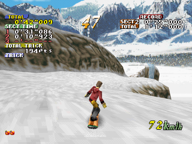 The male character snowboards down the beginner track.