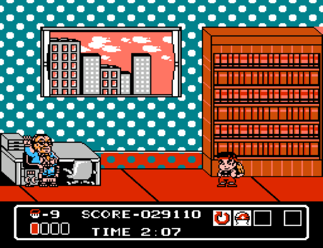A boss encounter in Hammerin Harry.