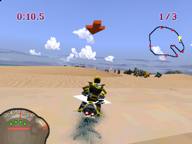 The player navigates a beach area atop a futuristic jet ski.