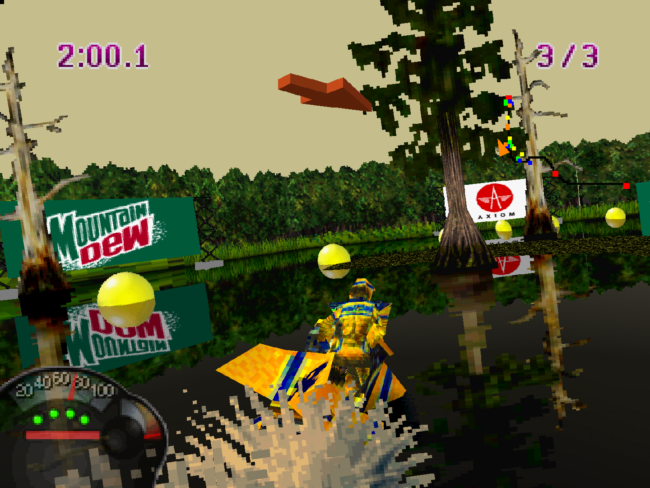 Racing in a pond in a forest area with a Mountain Dew advertisement in the background.