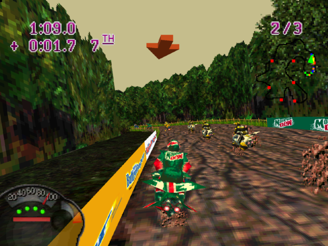 The player rides along a narrow path in the woods.