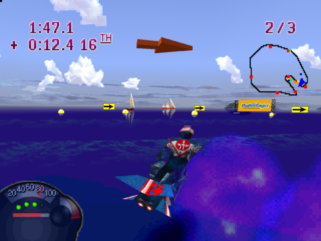 The driver rides the jet ski across the ocean.