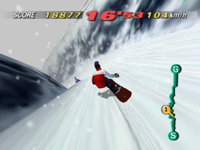 Turning a corner in a level with snow weather effects.