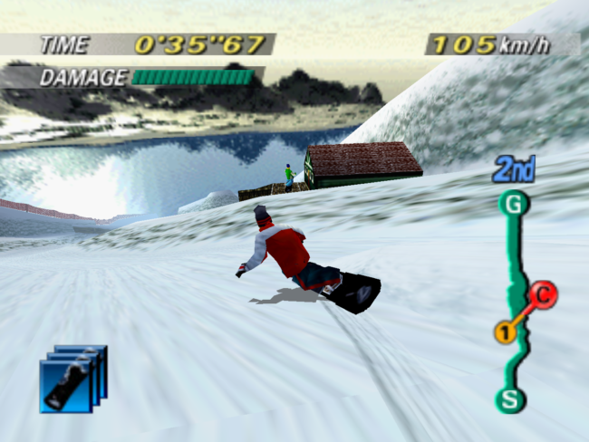 The player races against a CPU opponent using a shortcut across a house.