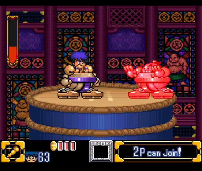 Goemon battles against an enemy while aboard a small robot.