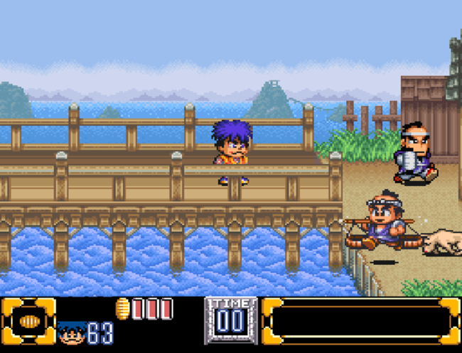 Player 1 explores a seaside town in Ganbare Goemon 2.