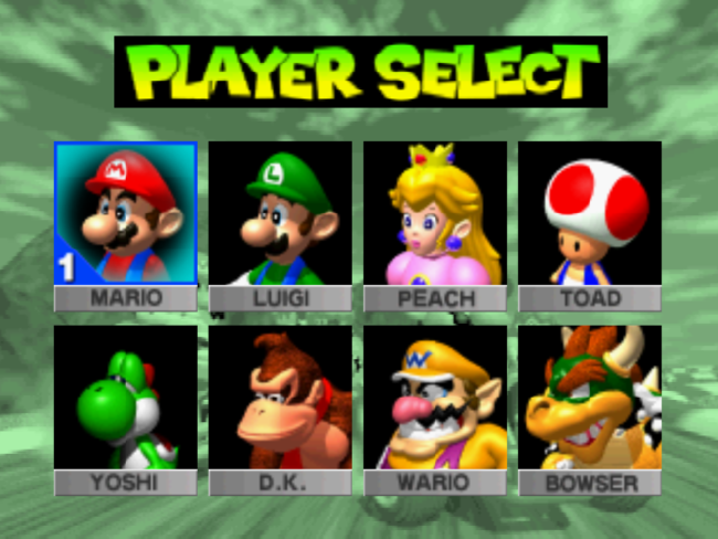 The line-up of playable characters from the selection screen before a race.