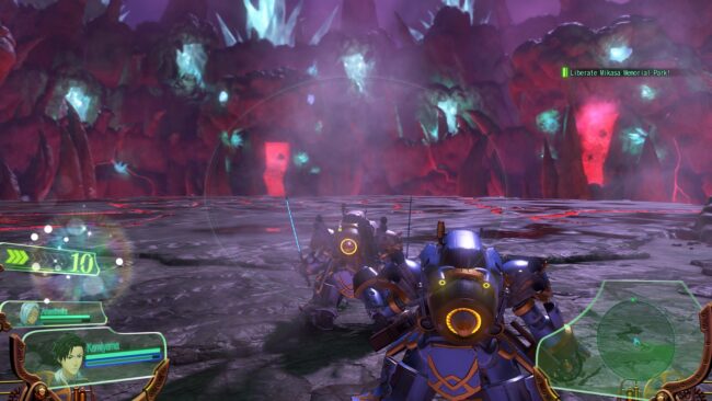 Two mecha robots with their weapons out in a dark purple colored cave.