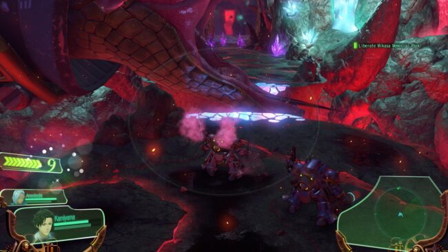 An indoor combat area featuring glowing blue crystals and hot lava.