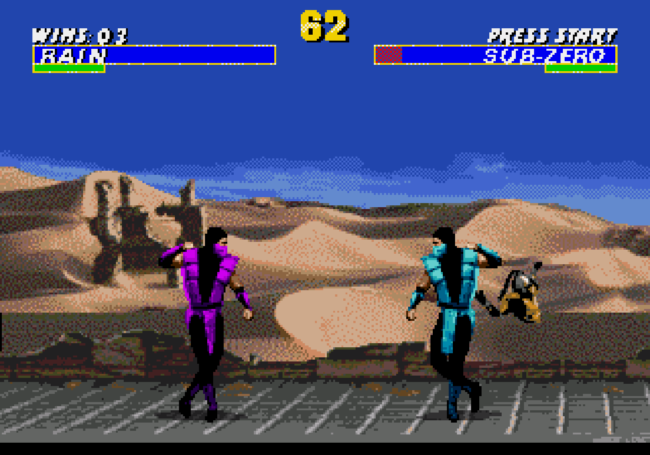 A new character Rain fights against the old style Sub-Zero in the desert.