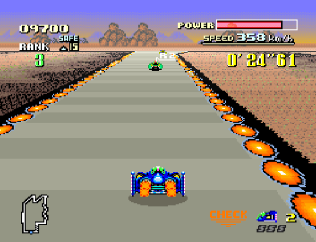 A blue ship races against AI opponents on a desert themed stage.