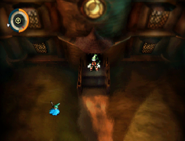 Leaving the haunted house with a deceased monster on the ground.