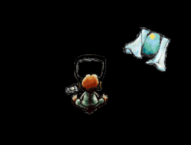A young boy plays Moon RPG in his dark room with the window open.