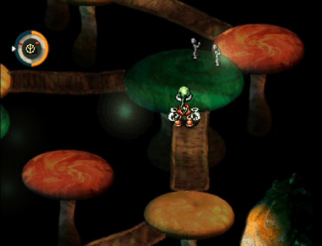 The main character wanders through the dark mushroom forest area of the game.