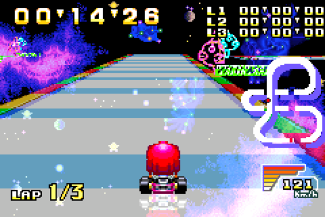 The main character from Twinbee practices in a time trial in the space course.