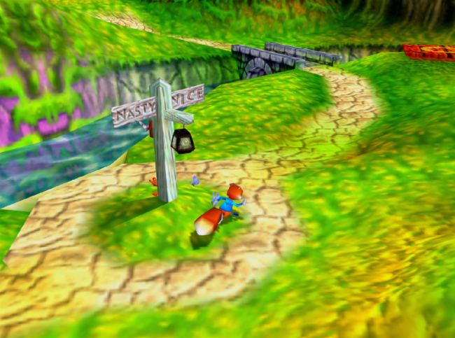 Conker runs past a sign which says 'nasty' and 'nice.'