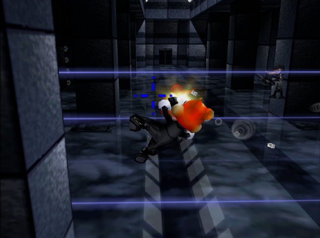 Conker flies through the air firing his guns at enemies in a scene that spoofs the film the Matrix.