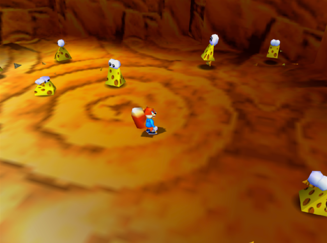 Conker confronts a group of cheese in front of a large tree.