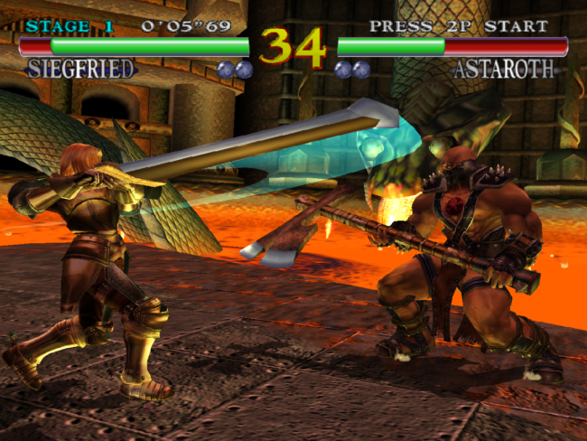 Siegfried and Astaroth fight in a lava themed underground stage.