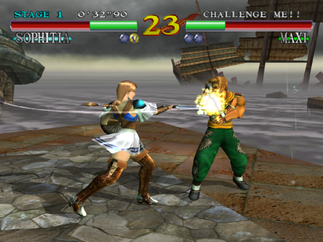 Sophitia strikes her sword against Maxi who blocks in an aquatic based arena.