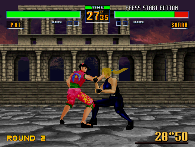 Pai and Sarah battle in front of an old Temple at sunset.