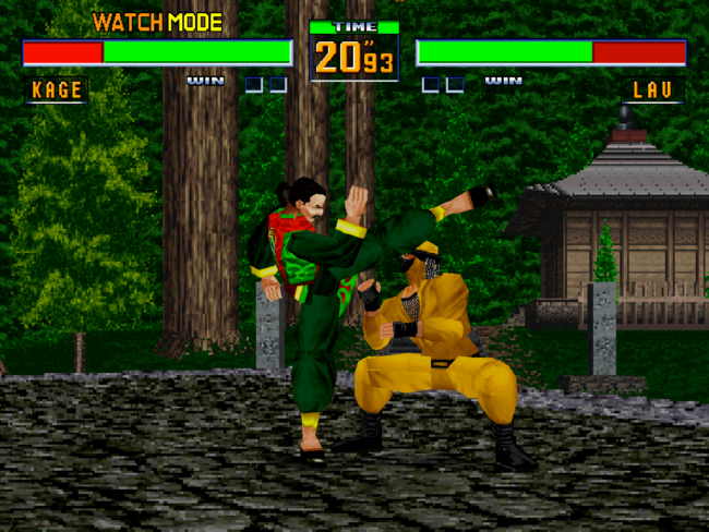 Kage and Lau fight in a forest stage.