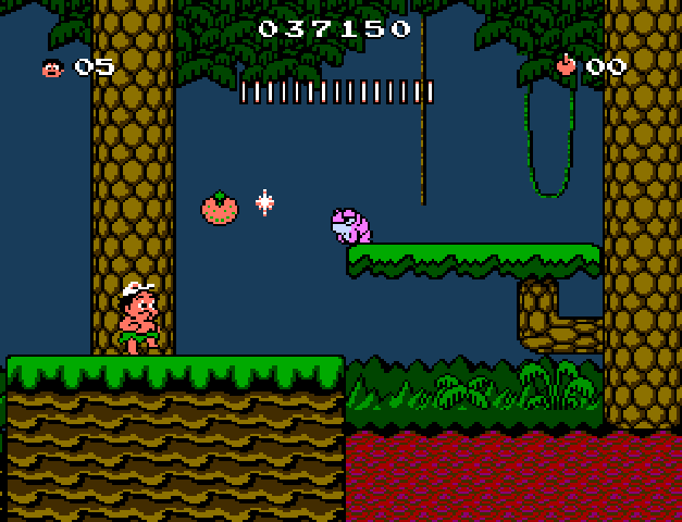 Master Higgins approaches a pink toad in a forest based stage.