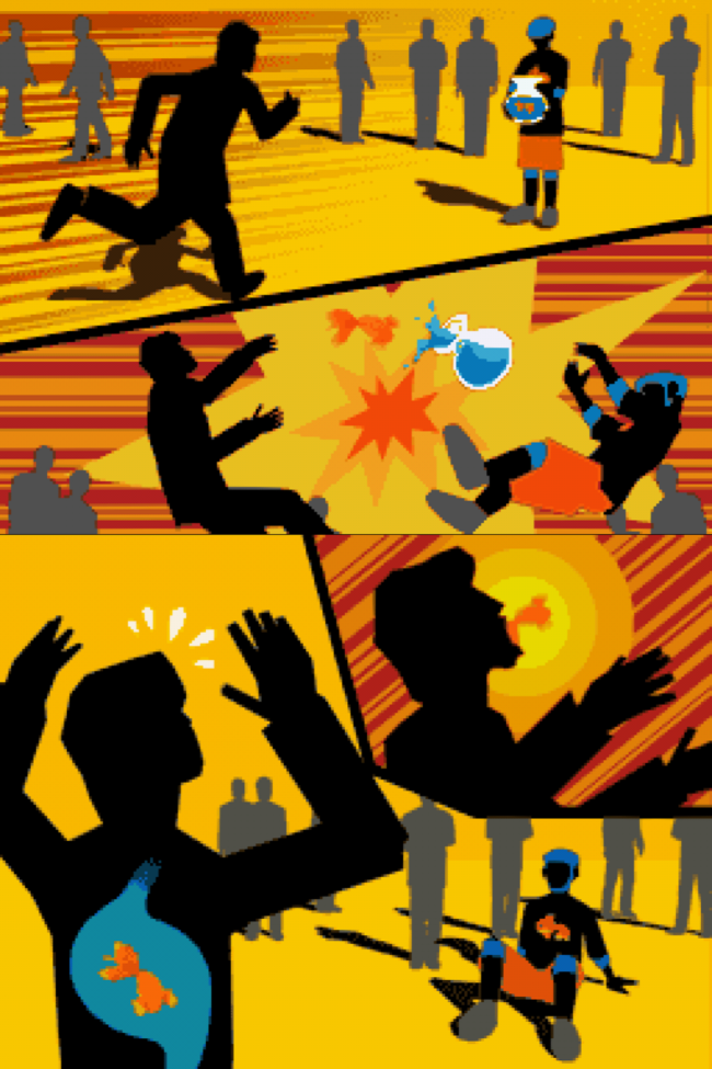A comic book style sequence with different panels depicting a man accidentally swallowing a goldfish.