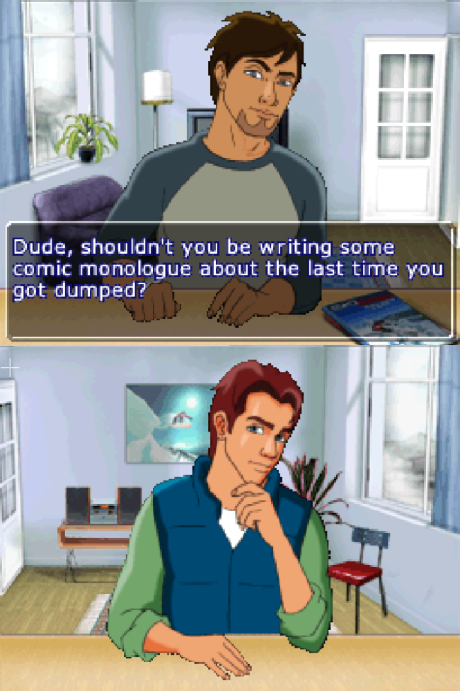 Early dialogue between two male characters in Sprung.