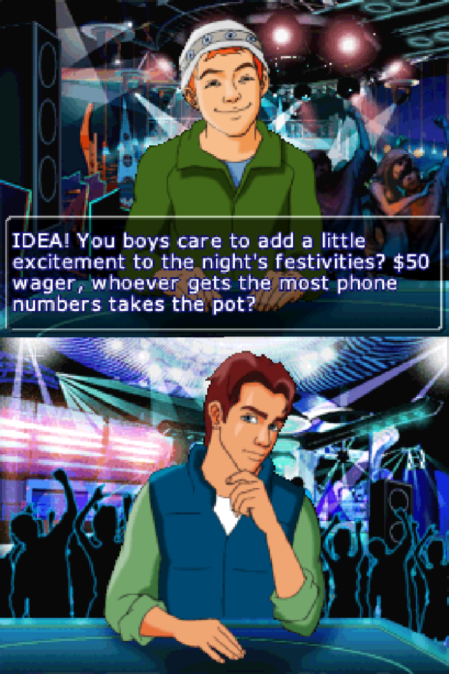 Two characters discuss getting phone numbers from women in a club.