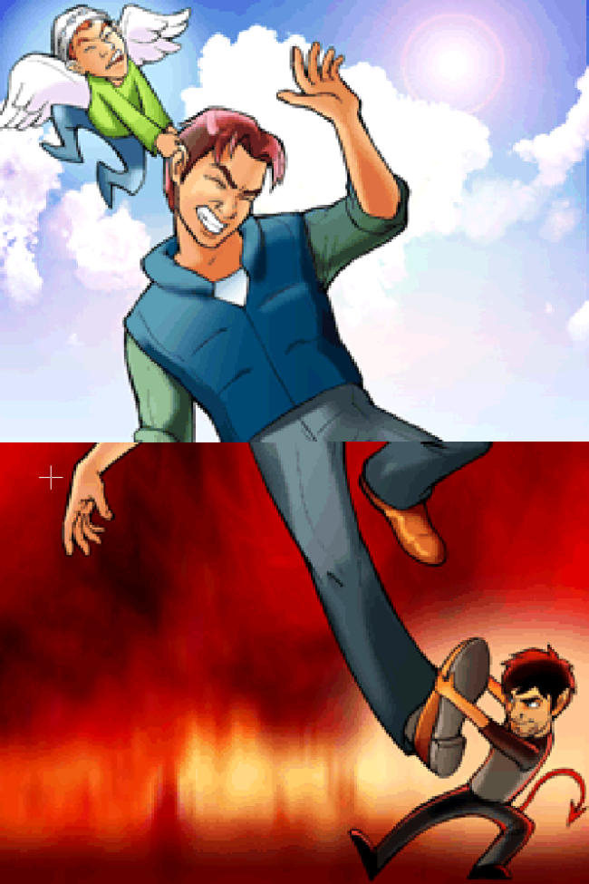 Artwork in between the chapters showing the main character being pulled by both an angel and a demon.