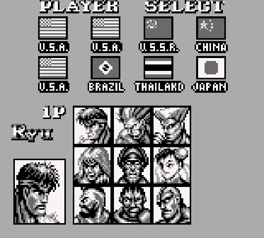 The character select screen in the Game Boy version of Street Fighter II.