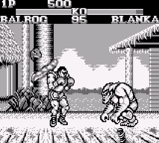 Balrog and Blanka fight in the jungle stage.